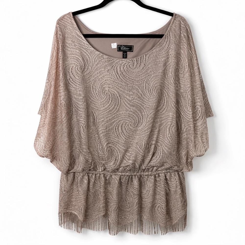 DressBarn Collection 3X Taupe Champagne Embellished Fringe Hem Blouse Metallic